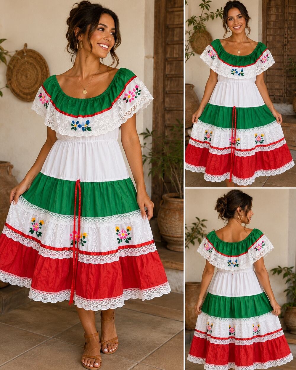 Women’s Mexican Style Fiesta Dress Green Red White Floral Embroidered Lace